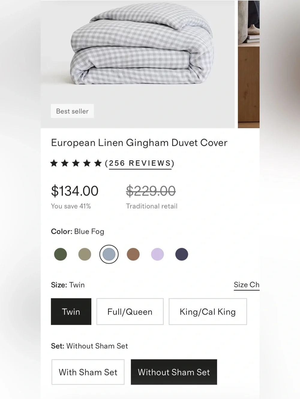 NWOT Quince European Linen Gingham 1 Pc Duvet Cover, Twin (Blue Fog)